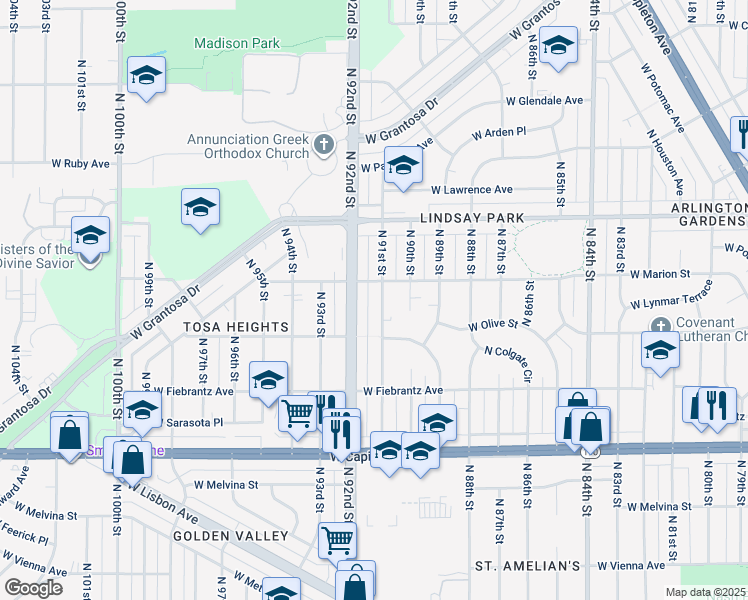 map of restaurants, bars, coffee shops, grocery stores, and more near 4274 North 91st Street in Milwaukee