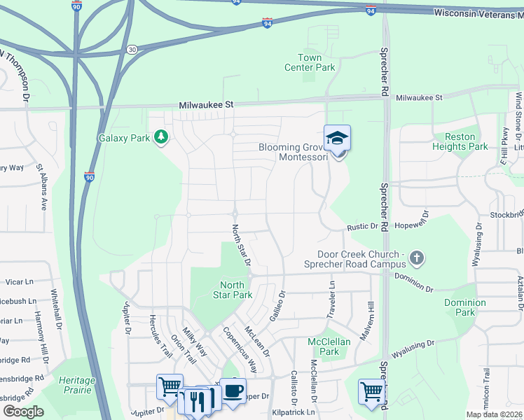map of restaurants, bars, coffee shops, grocery stores, and more near 321 Galileo Drive in Madison