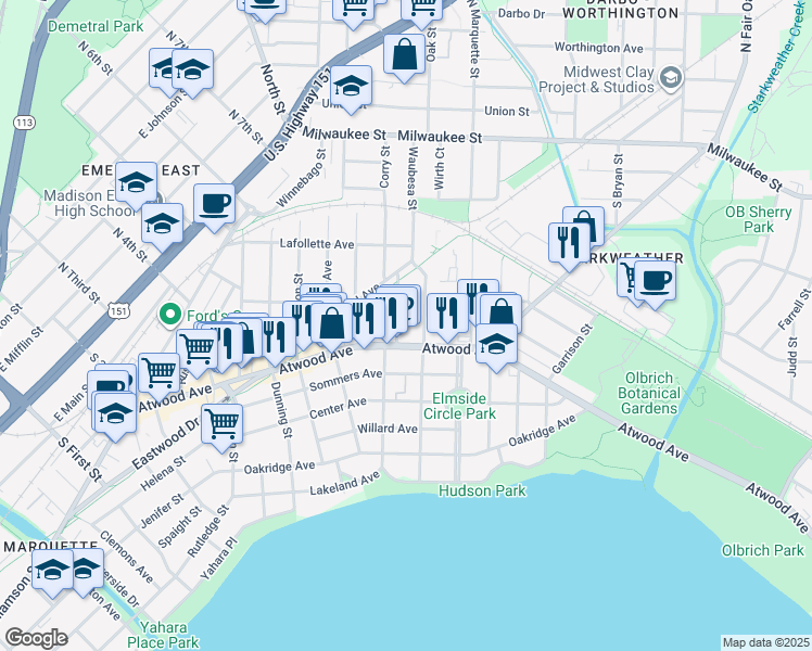 map of restaurants, bars, coffee shops, grocery stores, and more near 229 Corry Street in Madison