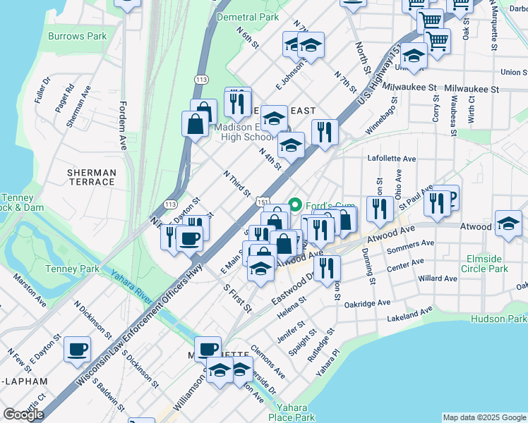 map of restaurants, bars, coffee shops, grocery stores, and more near 2119 East Washington Avenue in Madison