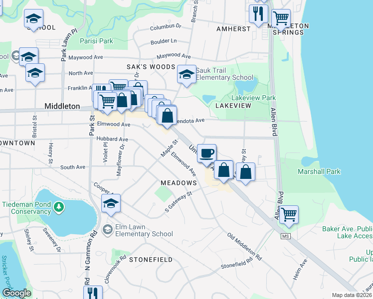 map of restaurants, bars, coffee shops, grocery stores, and more near 6504 University Avenue in Middleton
