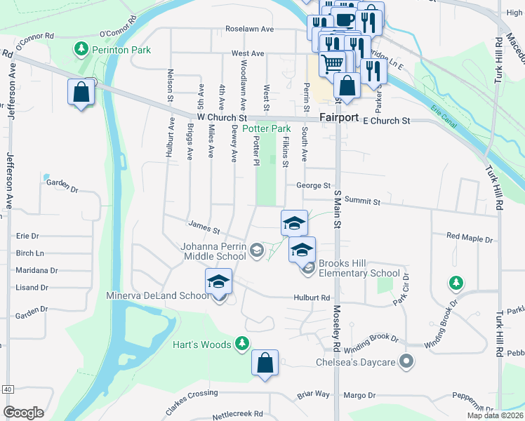 map of restaurants, bars, coffee shops, grocery stores, and more near 2 Lewis Street in Fairport