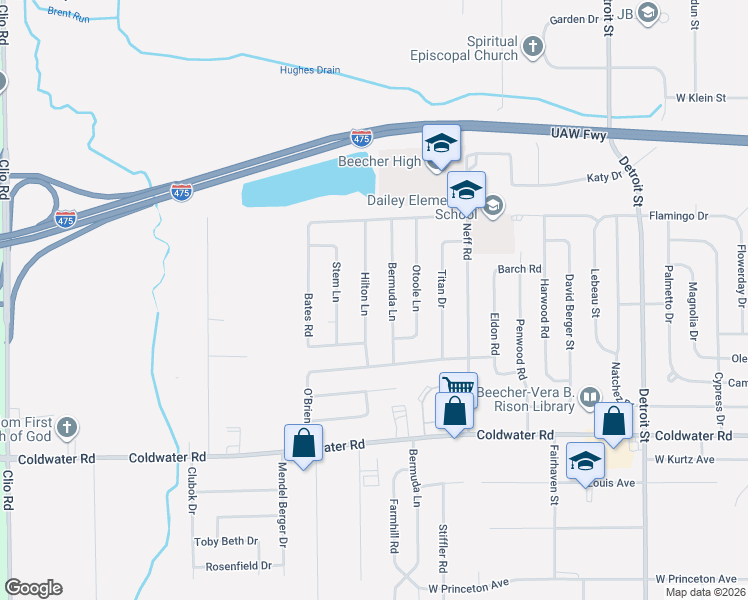 map of restaurants, bars, coffee shops, grocery stores, and more near 6162 Hilton Lane in Mount Morris