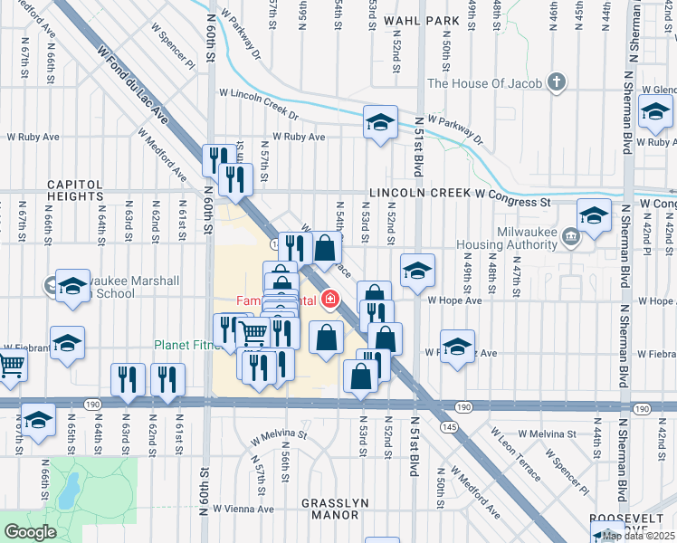 map of restaurants, bars, coffee shops, grocery stores, and more near 5359 West Leon Terrace in Milwaukee
