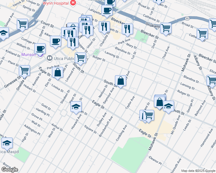 map of restaurants, bars, coffee shops, grocery stores, and more near 1101 Neilson Street in Utica
