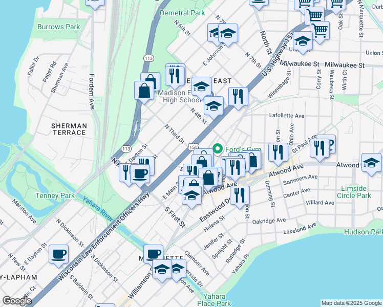 map of restaurants, bars, coffee shops, grocery stores, and more near 2033 East Washington Avenue in Madison