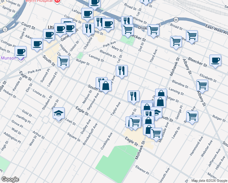 map of restaurants, bars, coffee shops, grocery stores, and more near 1009 Brinckerhoff Avenue in Utica
