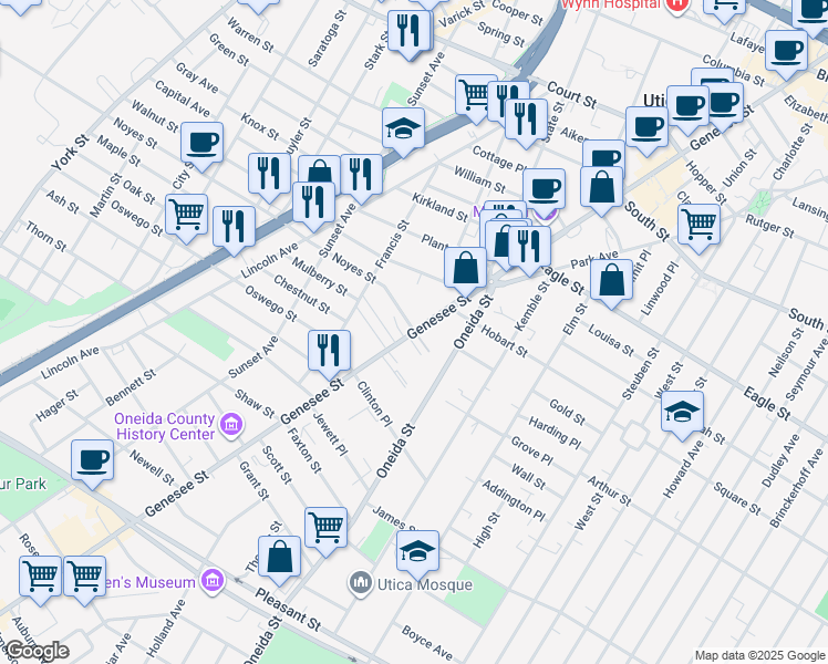 map of restaurants, bars, coffee shops, grocery stores, and more near Genesee Street & Noyes Street in Utica