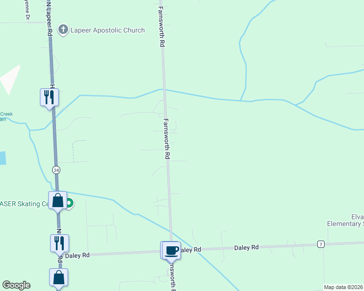 map of restaurants, bars, coffee shops, grocery stores, and more near 2238 Farnsworth Road in Lapeer