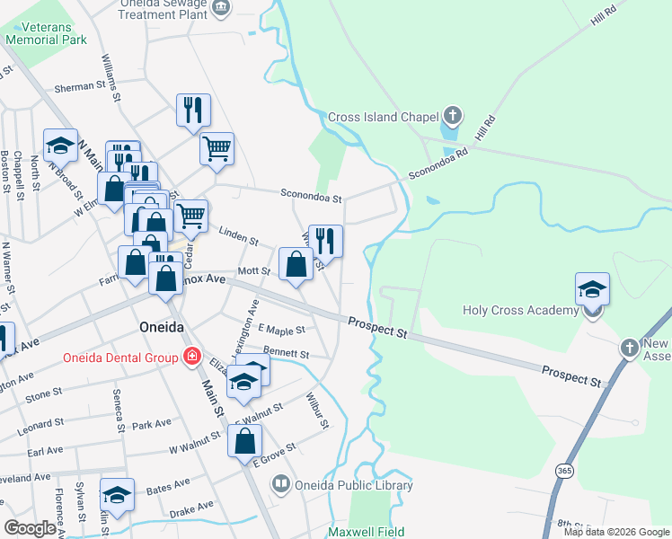 map of restaurants, bars, coffee shops, grocery stores, and more near 245 Wilson Street in Oneida