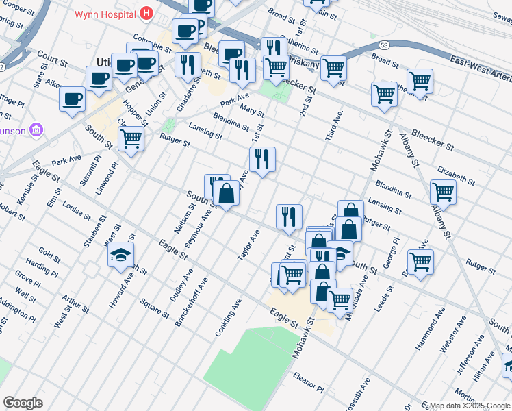 map of restaurants, bars, coffee shops, grocery stores, and more near 1017 Brinckerhoff Avenue in Utica