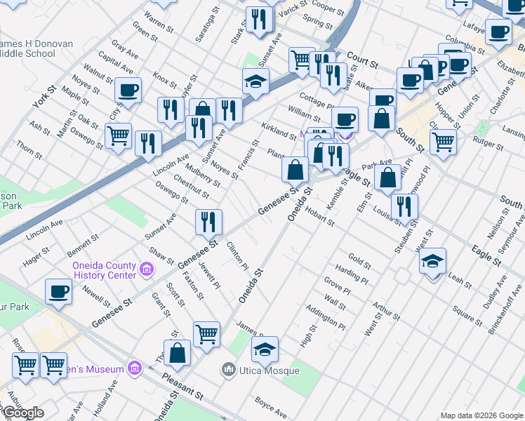 map of restaurants, bars, coffee shops, grocery stores, and more near 1 Noyes Street in Utica