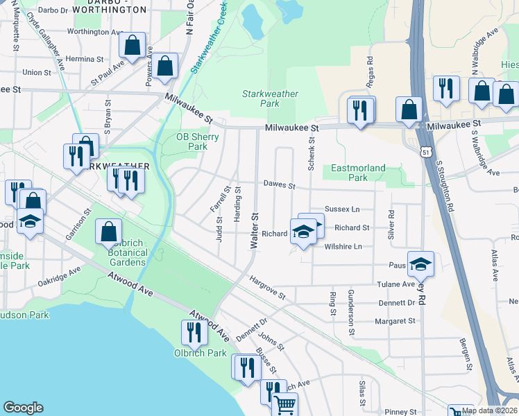 map of restaurants, bars, coffee shops, grocery stores, and more near 117 Walter Street in Madison
