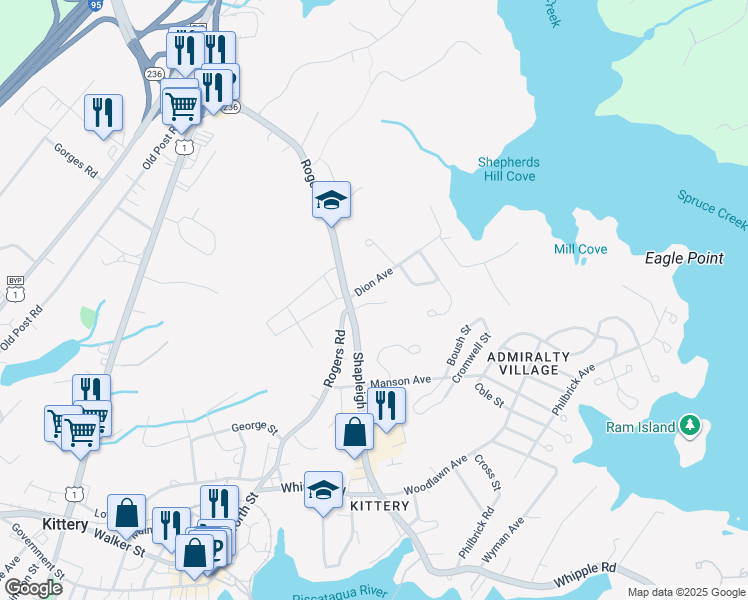 map of restaurants, bars, coffee shops, grocery stores, and more near 9 Dion Avenue in Kittery