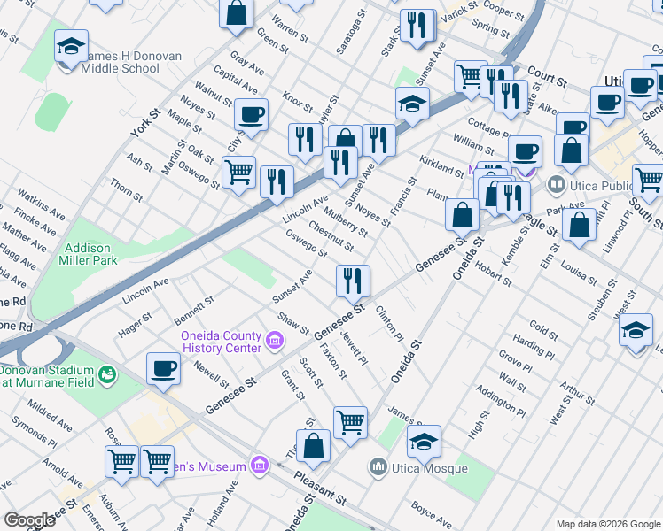 map of restaurants, bars, coffee shops, grocery stores, and more near 717 Oswego Street in Utica