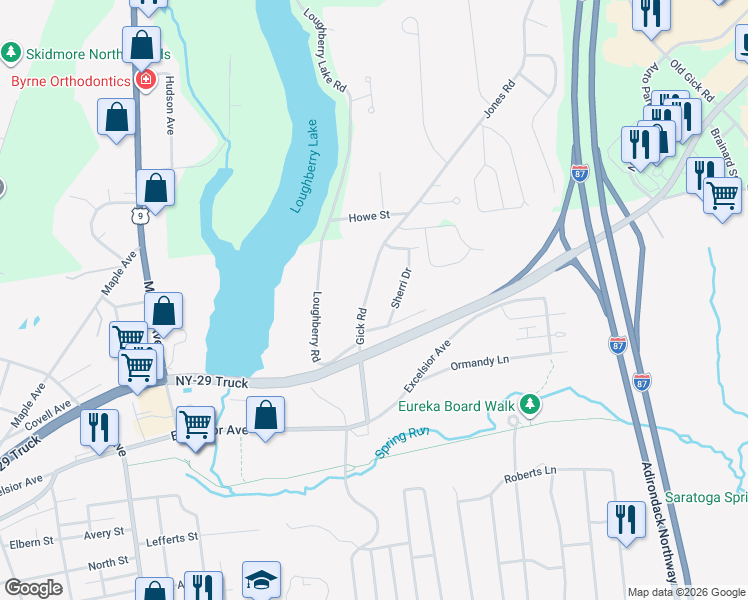 map of restaurants, bars, coffee shops, grocery stores, and more near 14 Gick Road in Saratoga Springs