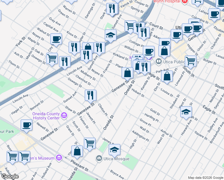 map of restaurants, bars, coffee shops, grocery stores, and more near 3 Noyes Street in Utica