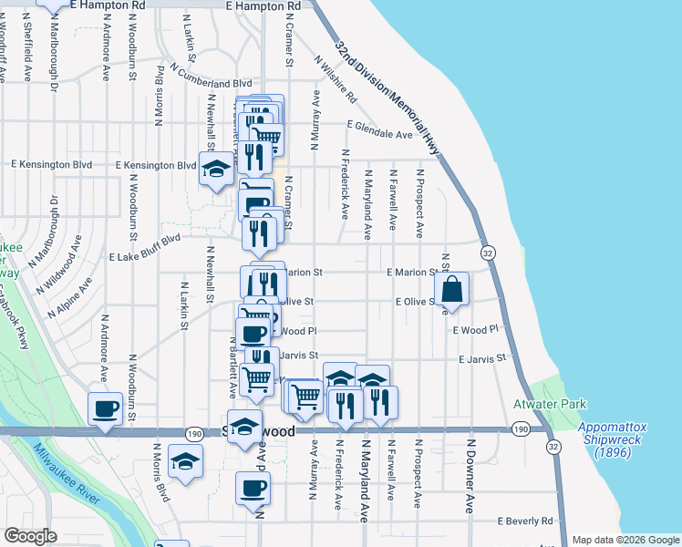 map of restaurants, bars, coffee shops, grocery stores, and more near 2102 East Marion Street in Shorewood