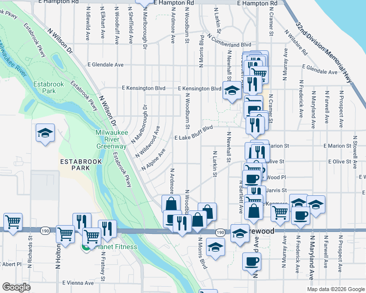 map of restaurants, bars, coffee shops, grocery stores, and more near 4349 North Woodburn Street in Shorewood