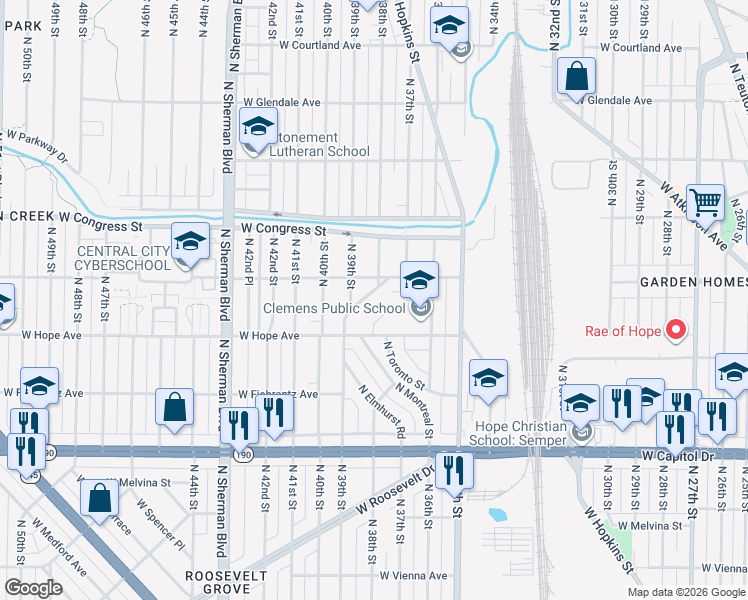 map of restaurants, bars, coffee shops, grocery stores, and more near 4294 North Sercombe Road in Milwaukee