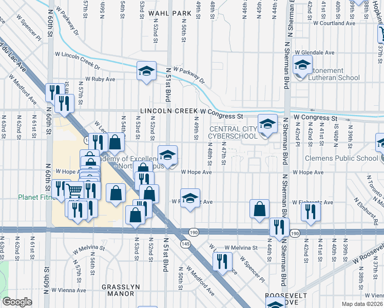 map of restaurants, bars, coffee shops, grocery stores, and more near 4267 North 49th Street in Milwaukee