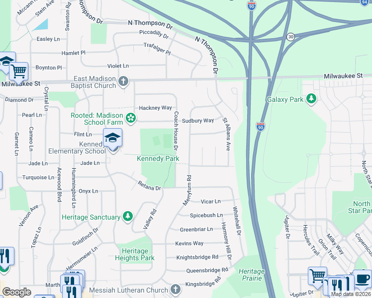 map of restaurants, bars, coffee shops, grocery stores, and more near 205 Coach House Drive in Madison