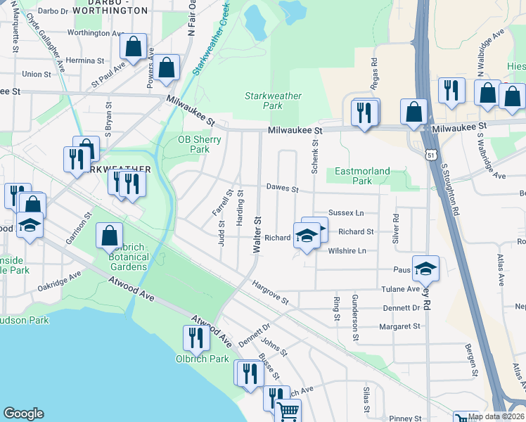 map of restaurants, bars, coffee shops, grocery stores, and more near 117 Walter Street in Madison