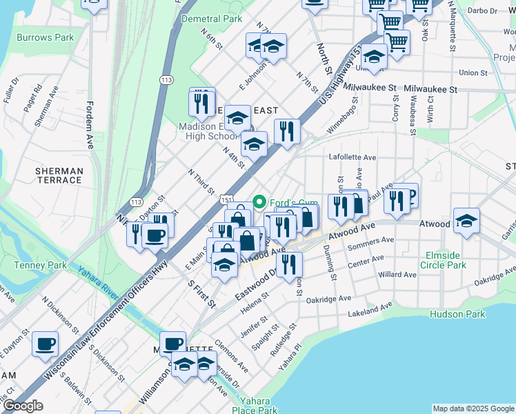 map of restaurants, bars, coffee shops, grocery stores, and more near 2134 Winnebago Street in Madison