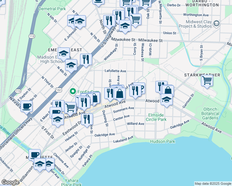 map of restaurants, bars, coffee shops, grocery stores, and more near 218 Ohio Avenue in Madison