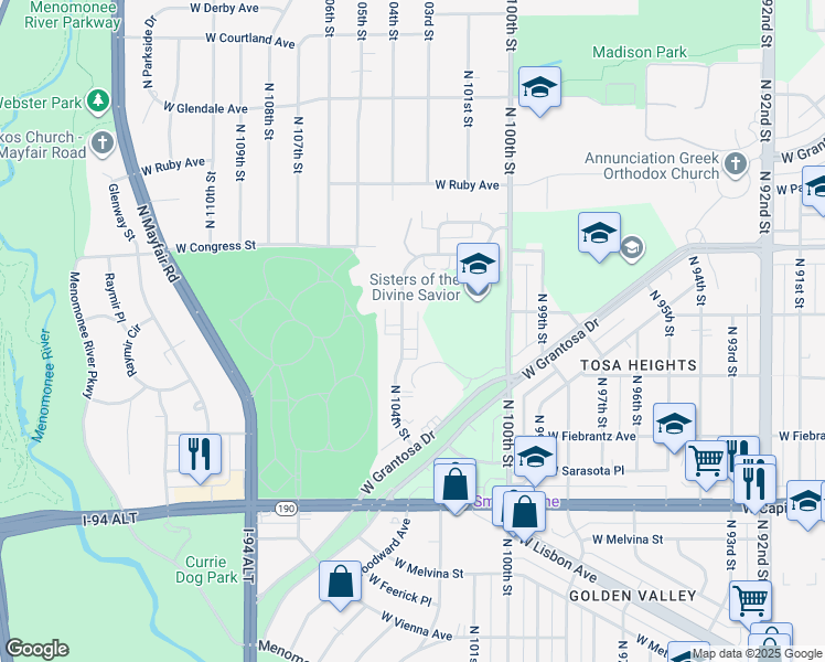 map of restaurants, bars, coffee shops, grocery stores, and more near 4244 North 104th Street in Milwaukee