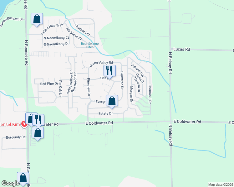 map of restaurants, bars, coffee shops, grocery stores, and more near 337 Hidden Pine Road in Flint
