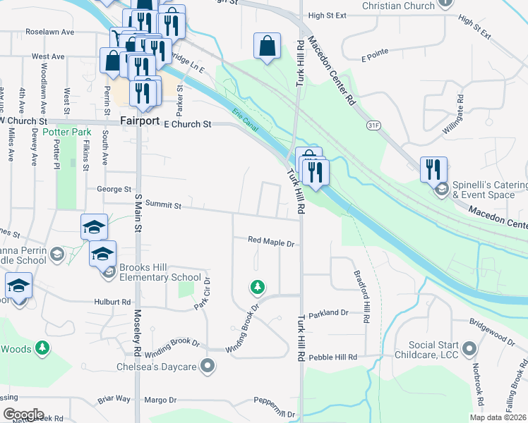 map of restaurants, bars, coffee shops, grocery stores, and more near 4 Suffolk Street in Fairport