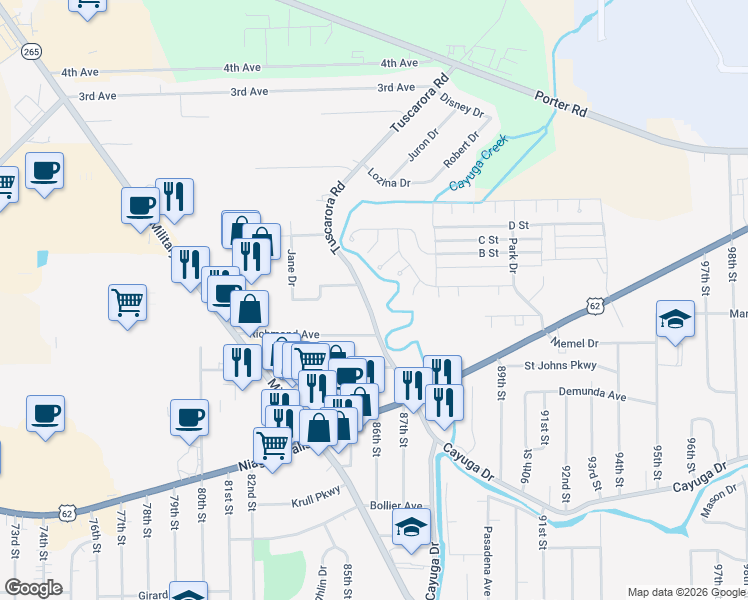 map of restaurants, bars, coffee shops, grocery stores, and more near 1604 Tuscarora Road in Niagara Falls