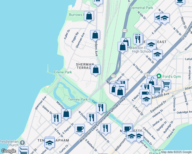 map of restaurants, bars, coffee shops, grocery stores, and more near 1740 Fordem Avenue in Madison