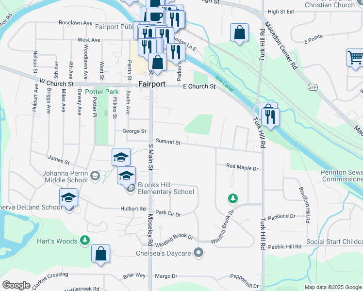 map of restaurants, bars, coffee shops, grocery stores, and more near 36 Summit Street in Fairport