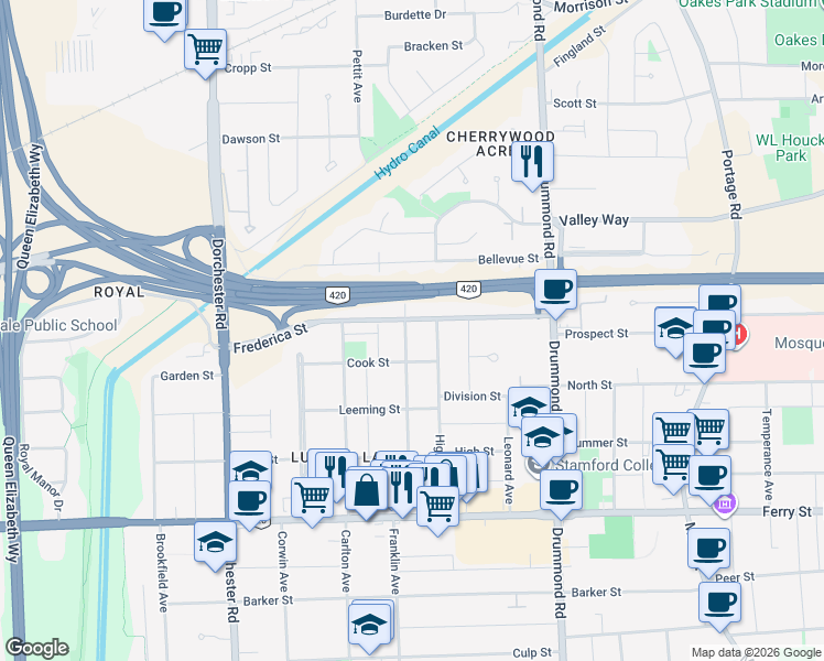 map of restaurants, bars, coffee shops, grocery stores, and more near 5482 Glenholme Avenue in Niagara Falls
