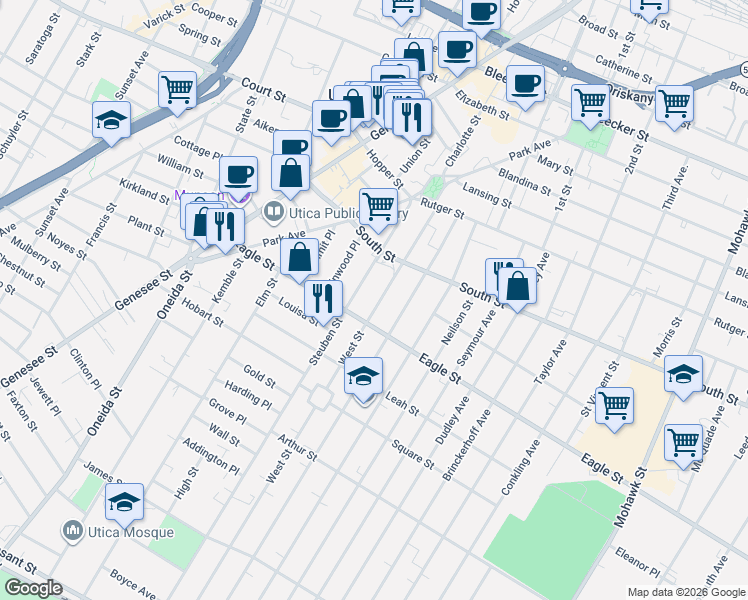 map of restaurants, bars, coffee shops, grocery stores, and more near 1128 West Street in Utica