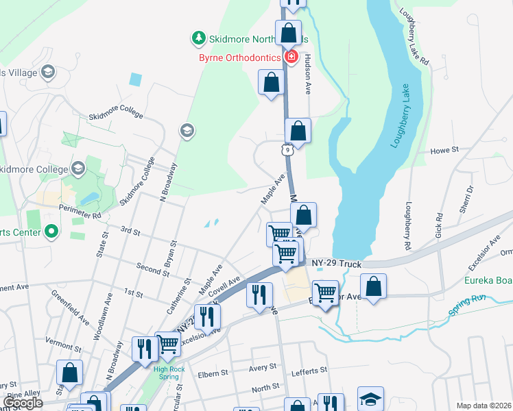map of restaurants, bars, coffee shops, grocery stores, and more near 387 Maple Avenue in Saratoga Springs