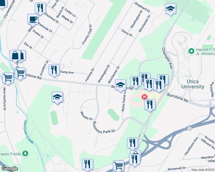 map of restaurants, bars, coffee shops, grocery stores, and more near Burrstone Rd & Winchester Dr in Oneida County
