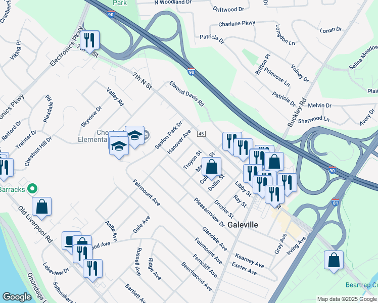 map of restaurants, bars, coffee shops, grocery stores, and more near 111 Albernathy Street in Liverpool