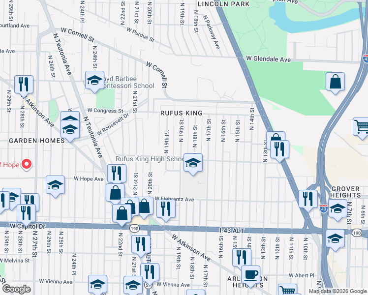 map of restaurants, bars, coffee shops, grocery stores, and more near 4237 North 19th Street in Milwaukee