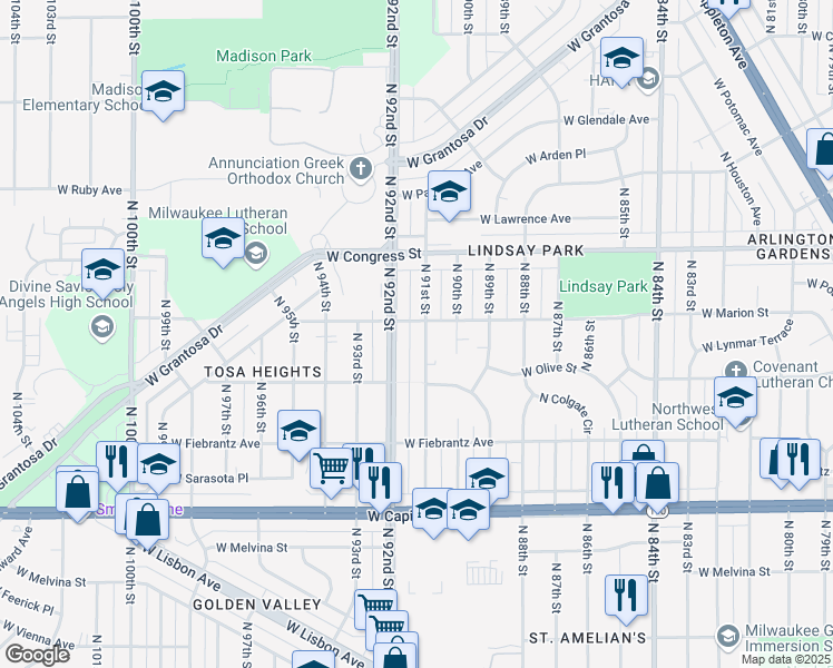 map of restaurants, bars, coffee shops, grocery stores, and more near 4274 North 91st Street in Milwaukee