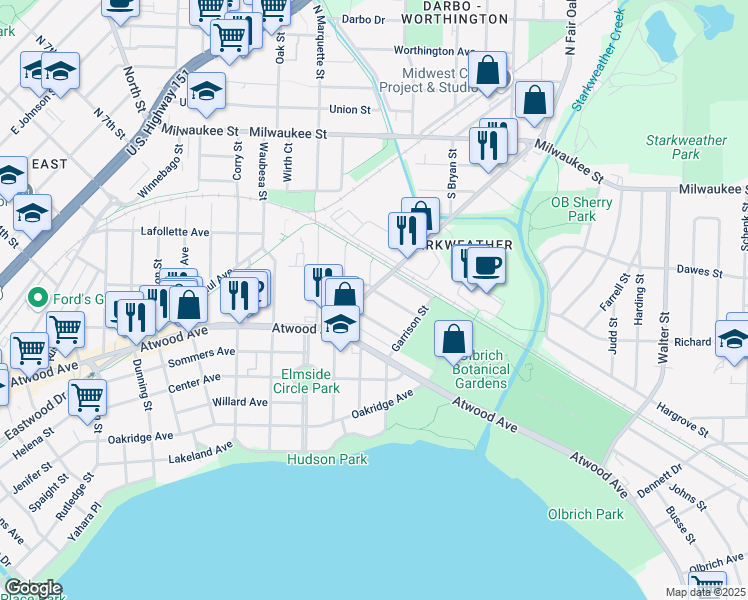 map of restaurants, bars, coffee shops, grocery stores, and more near 3114 Lindbergh Street in Madison