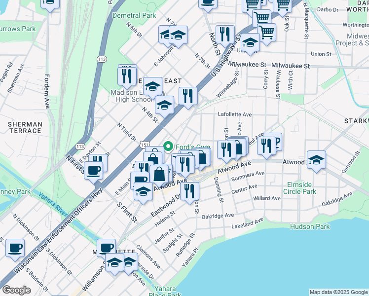 map of restaurants, bars, coffee shops, grocery stores, and more near 2134 Rusk Street in Madison