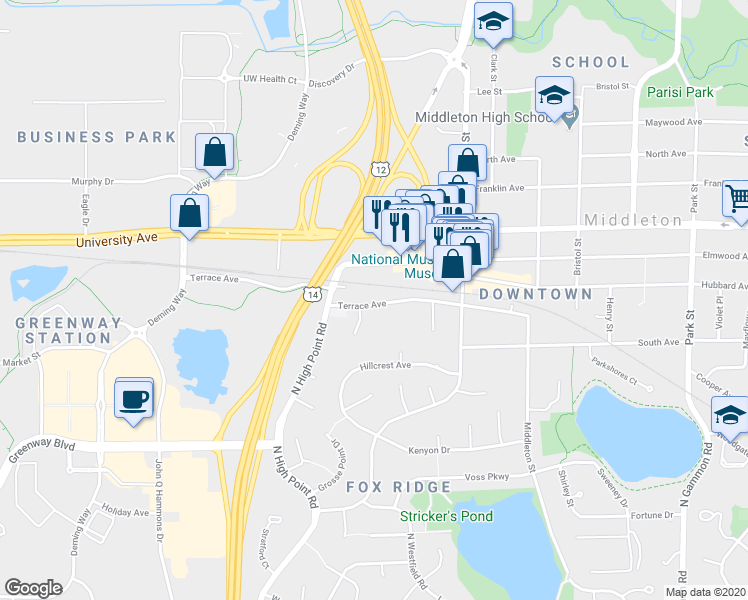 map of restaurants, bars, coffee shops, grocery stores, and more near 7714 Terrace Avenue in Middleton