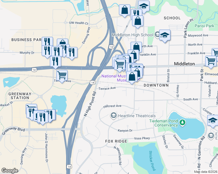 map of restaurants, bars, coffee shops, grocery stores, and more near 7714 Terrace Avenue in Middleton