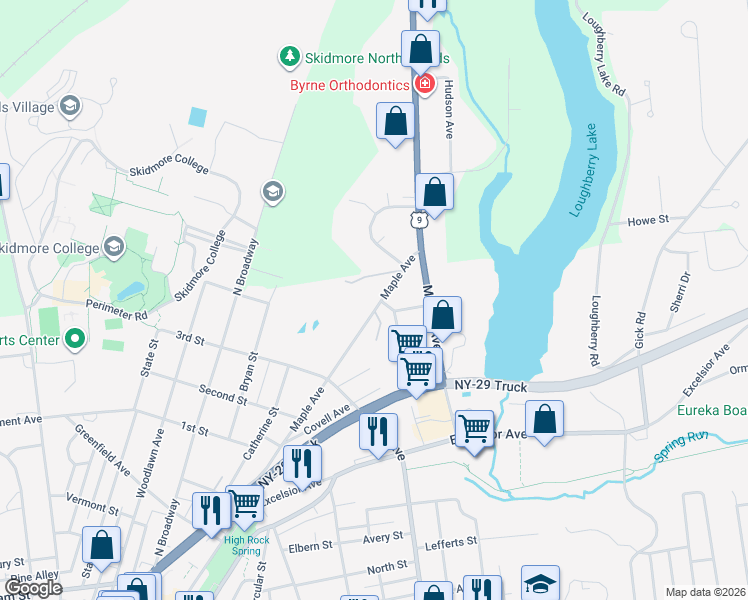 map of restaurants, bars, coffee shops, grocery stores, and more near 387 Maple Avenue in Saratoga Springs