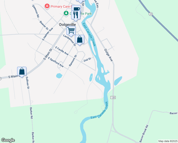 map of restaurants, bars, coffee shops, grocery stores, and more near 90 Van Buren Street in Dolgeville