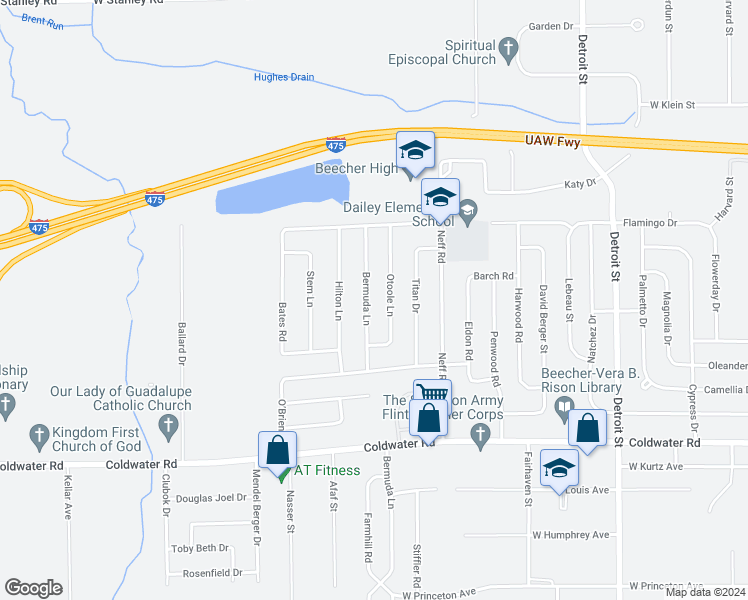 map of restaurants, bars, coffee shops, grocery stores, and more near 6164 Bermuda Lane in Mount Morris
