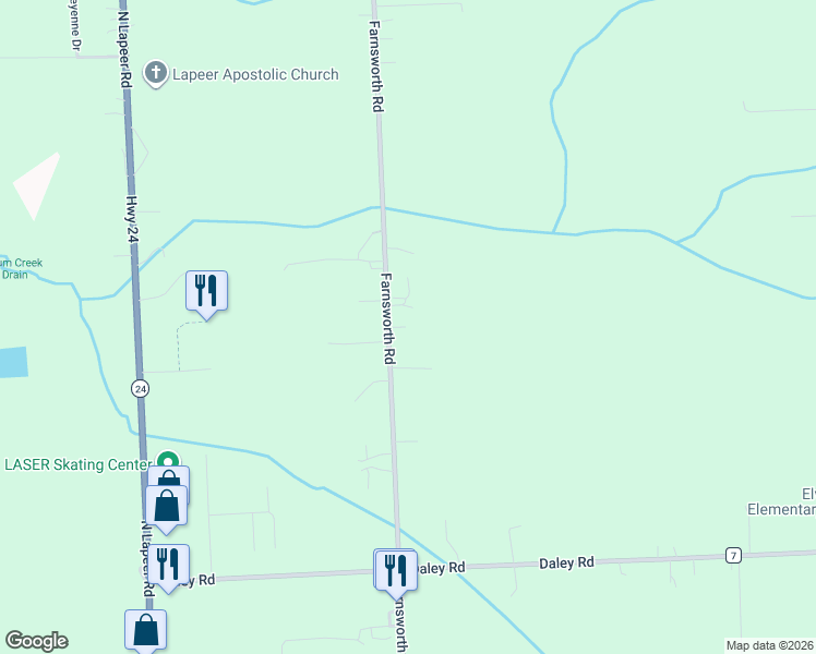 map of restaurants, bars, coffee shops, grocery stores, and more near 2238 Farnsworth Road in Lapeer